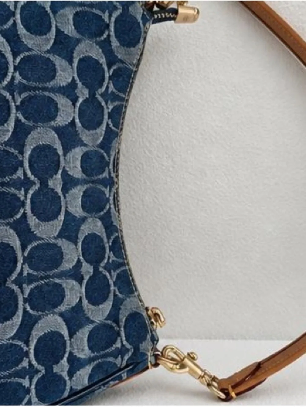 Coach Navy Signature Canvas Shoulder Bag with Tan Leather Strap